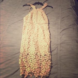 Light pink/peach flowery cocktail dress.